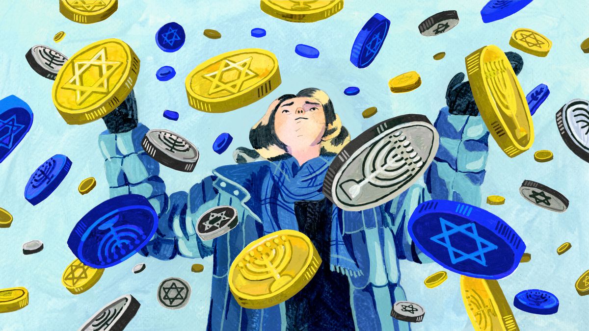 Blue, gold, and silver coins with Hanukkah imagery rain down on a woman in a blue jacket, in illustration.