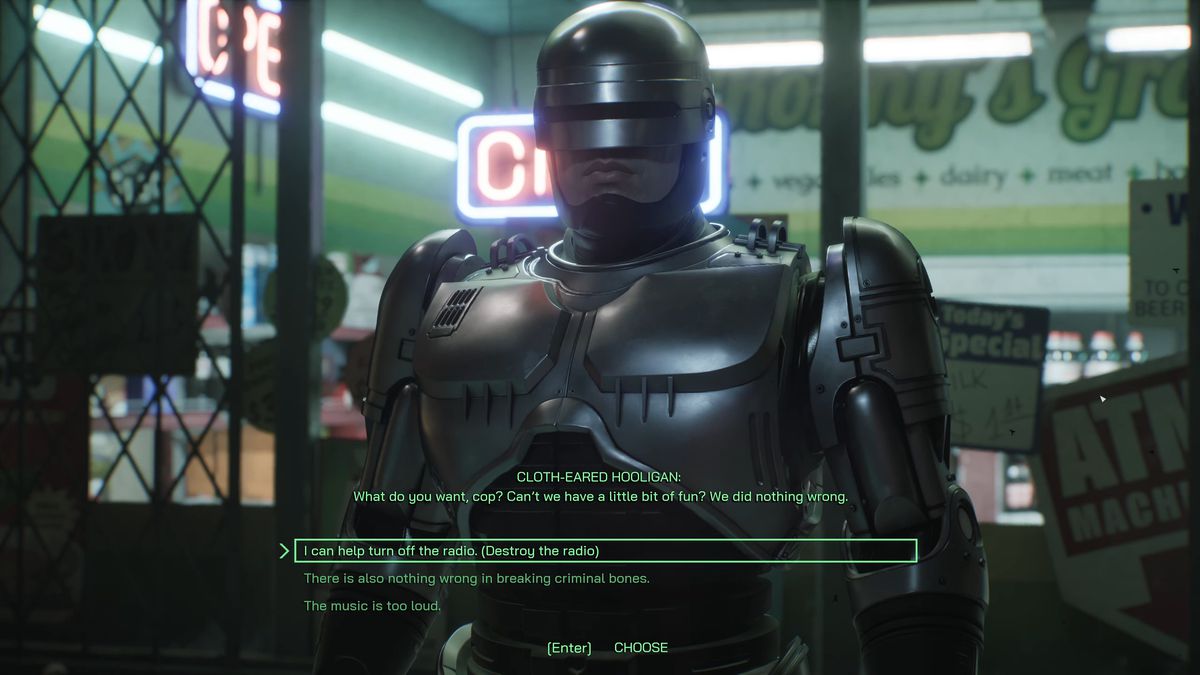 RoboCop confronts a group of loitering toughs outside a convenience store, asking them to lower their music