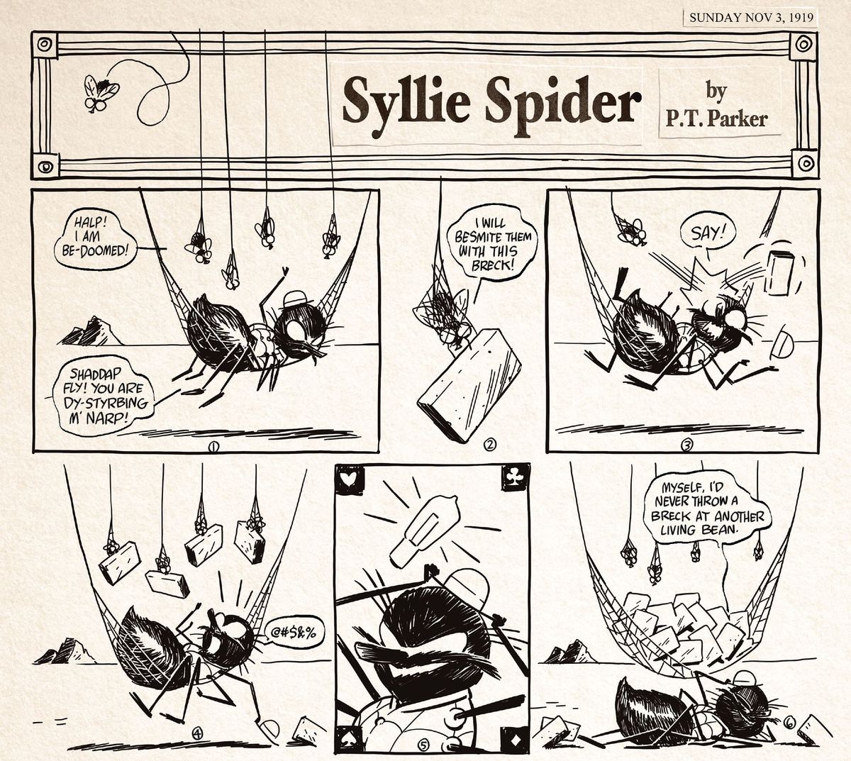 A Spider-Man character defends himself from bricks thrown by spiders he's caught in his web in a Krazy Kat parody called Syllie Spider in Edge of Spider-Verse #5 ( 2022). 