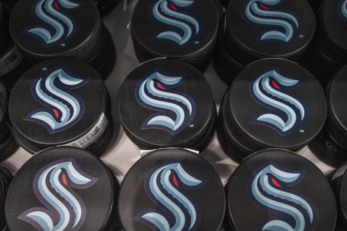 Pucks advertise the NHL’s newest franchise during the grand opening of Seattle Kraken Team Store on August 21, 2020 in Seattle, Washington.