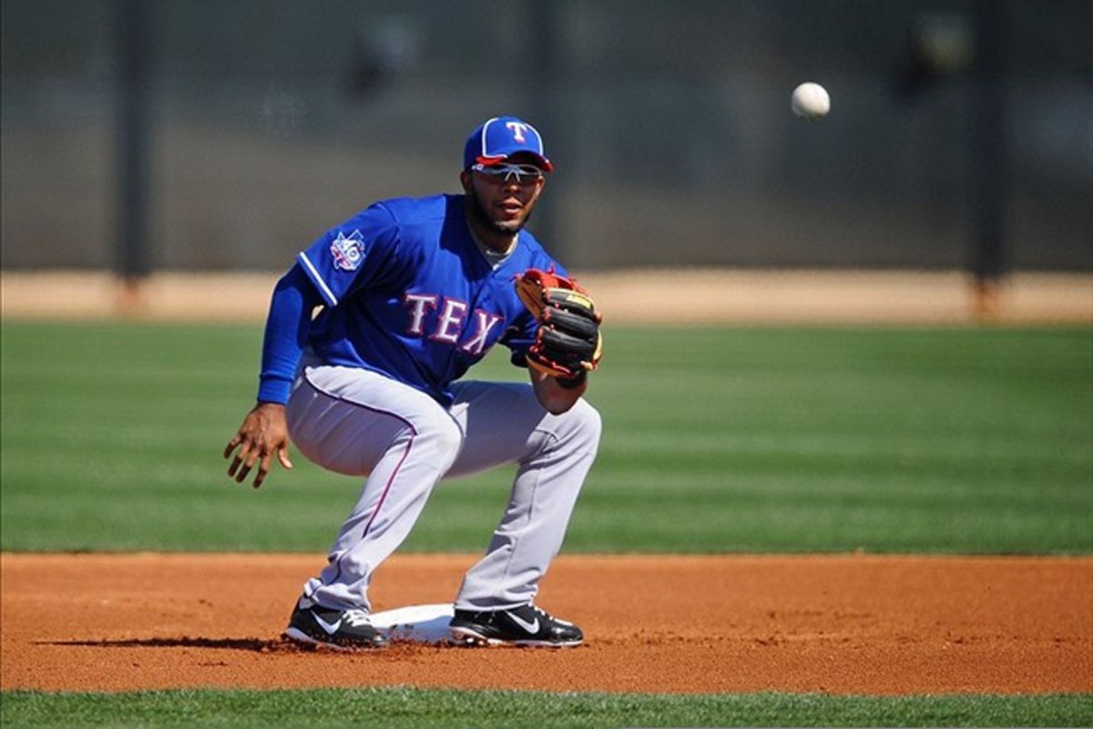 Mar. 2, 2012; Surprise, AZ, USA; Texas Rangers shortstop Elvis Andrus fields a throw during an intrasquad game on the practice fields at Surprise Stadium.  Mandatory Credit: Mark J. Rebilas-US PRESSWIRE