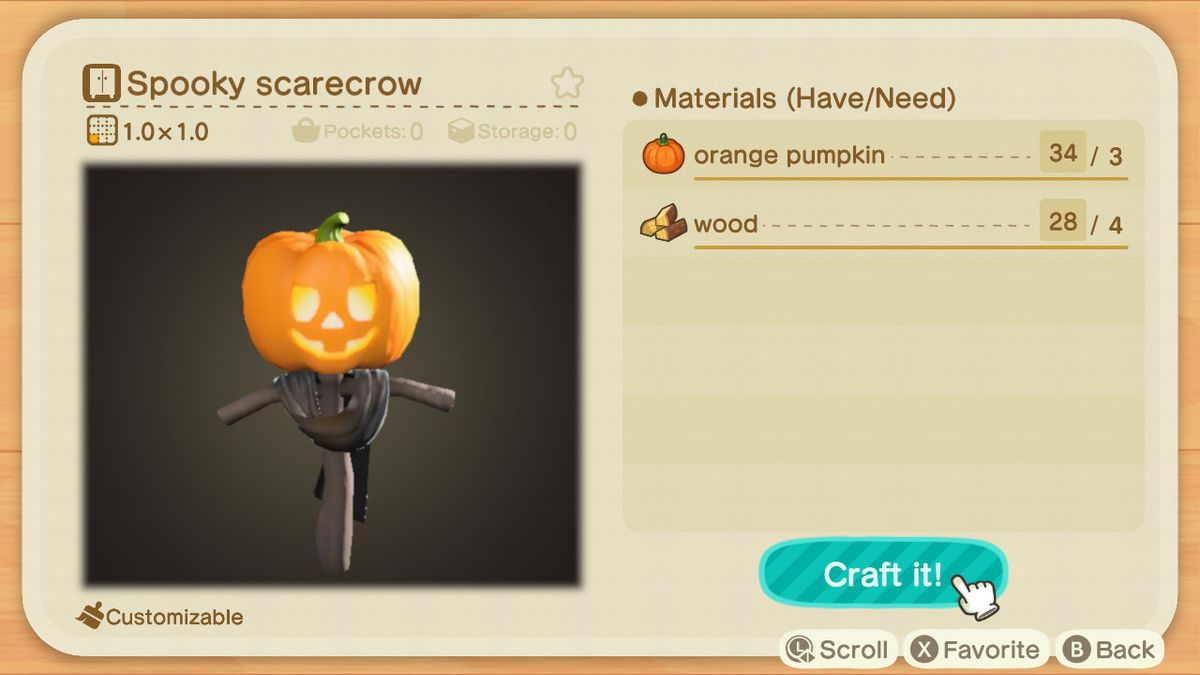 An Animal Crossing recipe for a Spooky Scarecrow