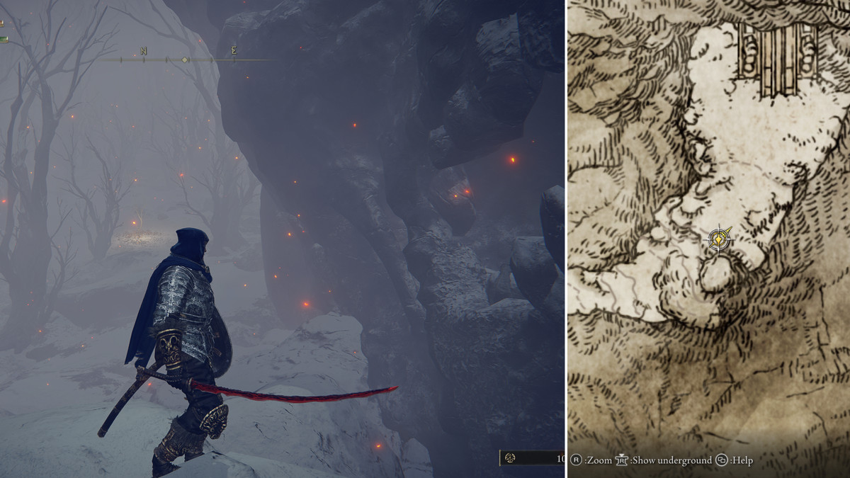 Split image showing map and Giant Skull Golden Seed location 