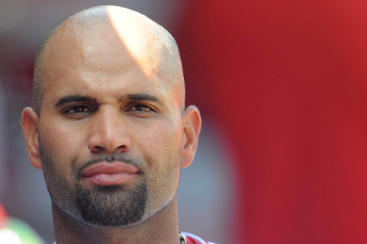 Los Angeles Angels first baseman Albert Pujols in the dugout during the game against the Kansas City Royals at Angel Stadium. Kansas City Royals won 7-3.