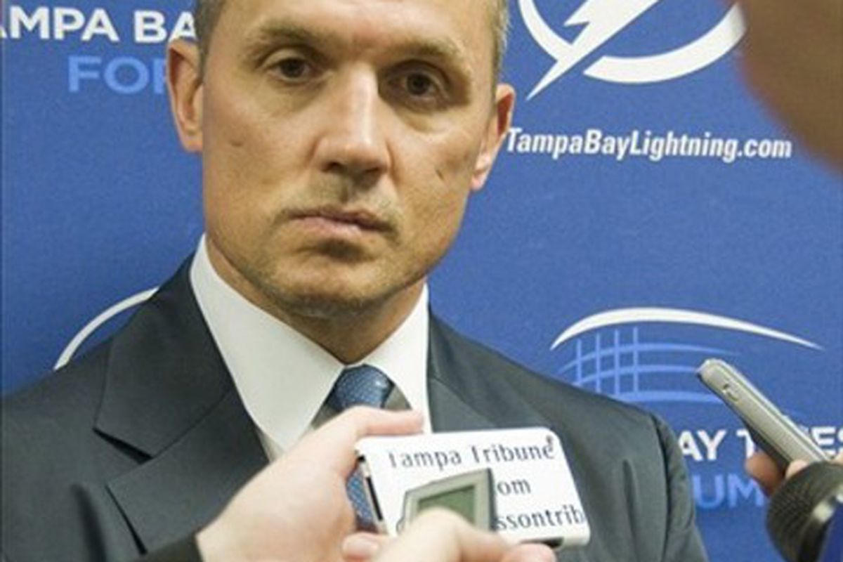 February 21, 2012; Tampa, FL, USA; Tampa Bay Lightning general manager Steve Yzerman talks to the media before a game against the Anaheim Ducks at the Tampa Bay Times Forum.  Mandatory Credit: Jeff Griffith-US PRESSWIRE