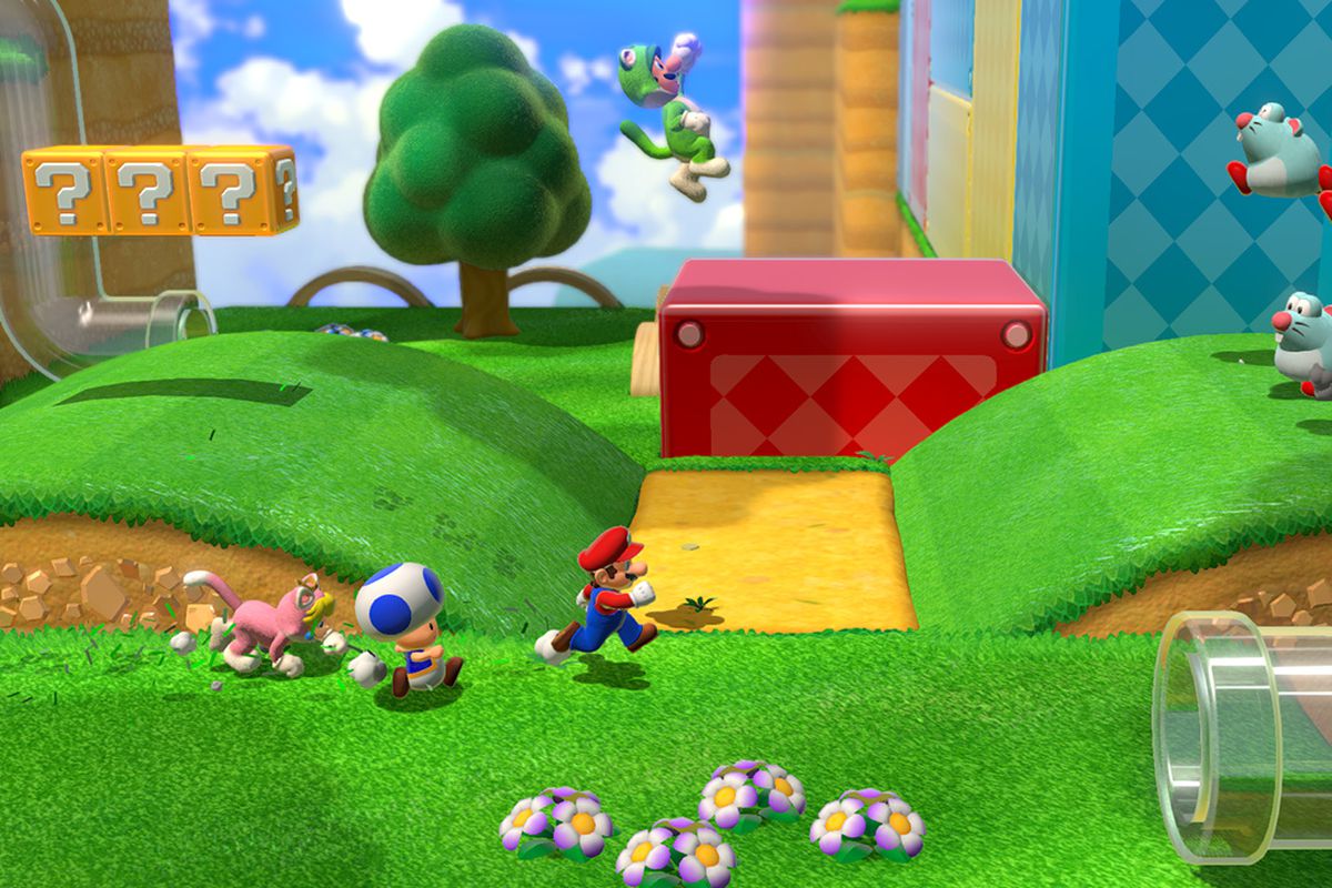 Mario, Toad, and Peach (in a cat suit) run across a level in Super Mario 3D World