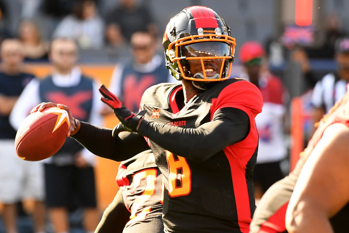 Quarterback Johnson Josh #8 of the LA Wildcats gets set to throw a complete pass in the first quarter of the XFL game against the DC Defenders at Dignity Health Sports Park on February 23, 2020 in Carson, California.