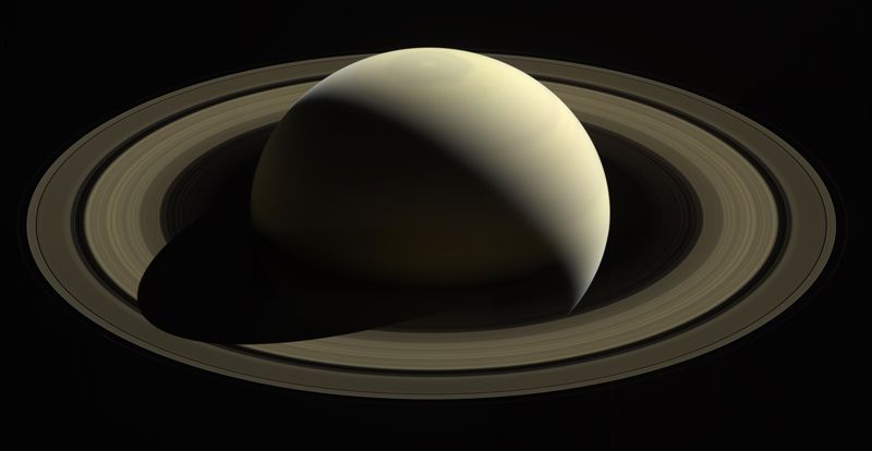 A yellow-tinted photo of Saturn