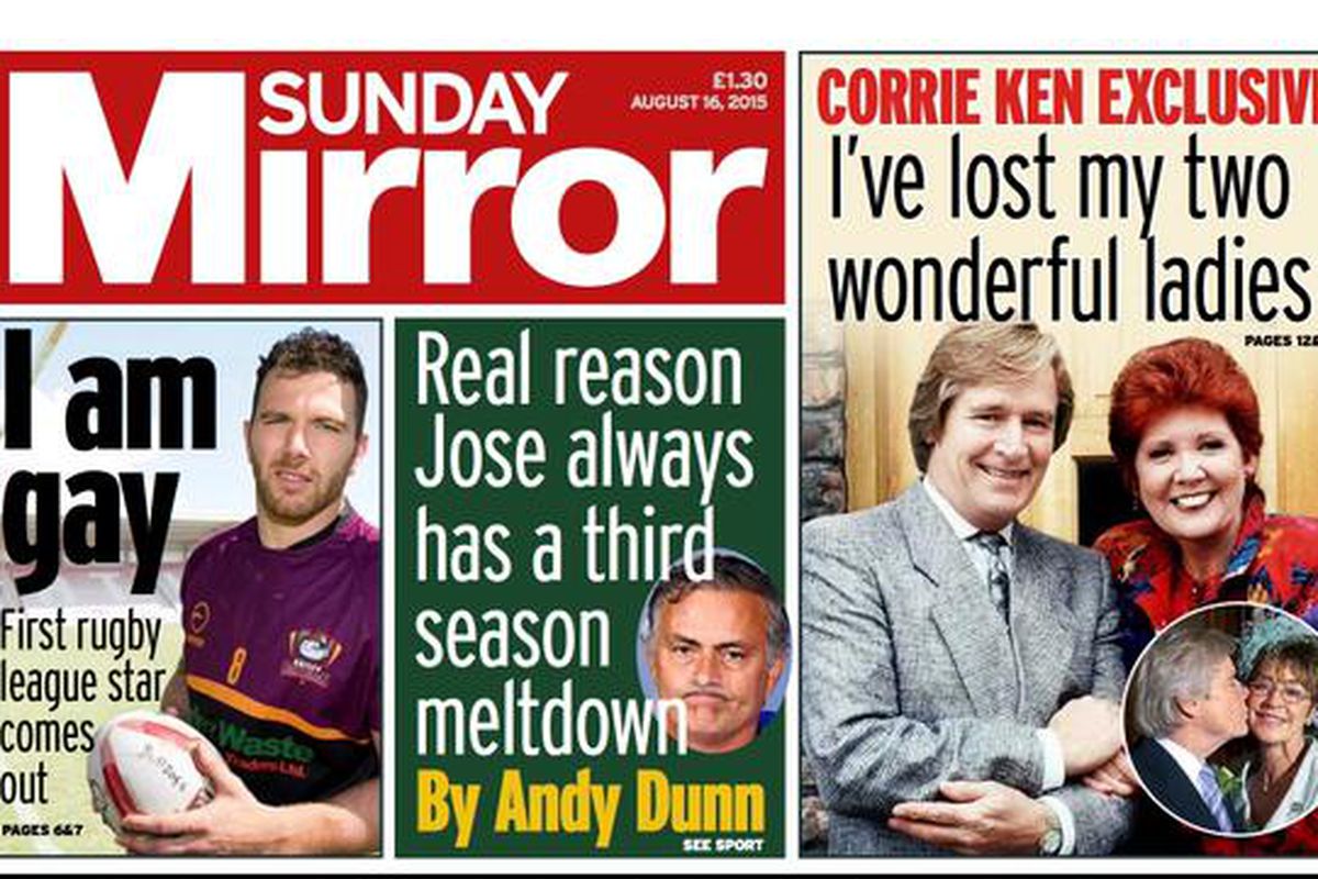 The Sunday Mirror front page is teasing the coming out of a Rugby League player