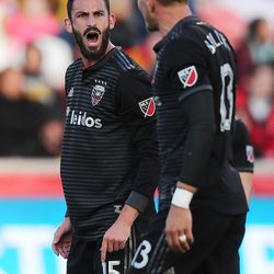 D.C. United defender Steve Birnbaum (15) and teammate defender Frederic Brillant (13) argue during the game as Real Salt Lake and D.C. United play an MLS Soccer match at Rio Tinto Stadium in Sandy on Saturday, May 12, 2018.