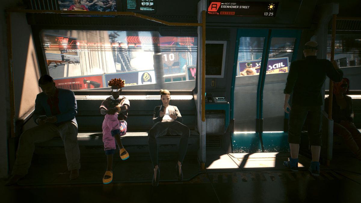 Various futuristic passengers wait patiently in a subway train.
