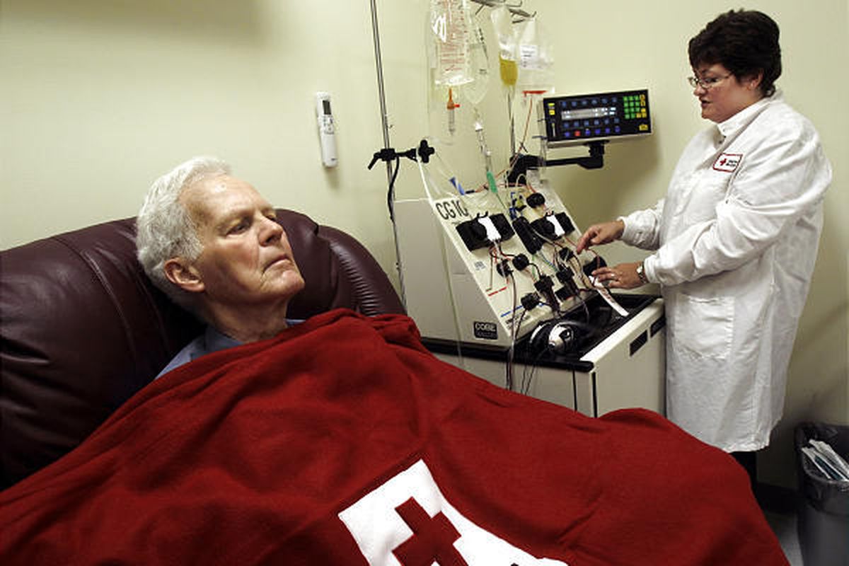 Bob Svensson is hooked up to a blood infusion machine at the American Red Cross  in Dedham, Mass., as he undergoes a $93,000 prostate cancer treatment in August.       