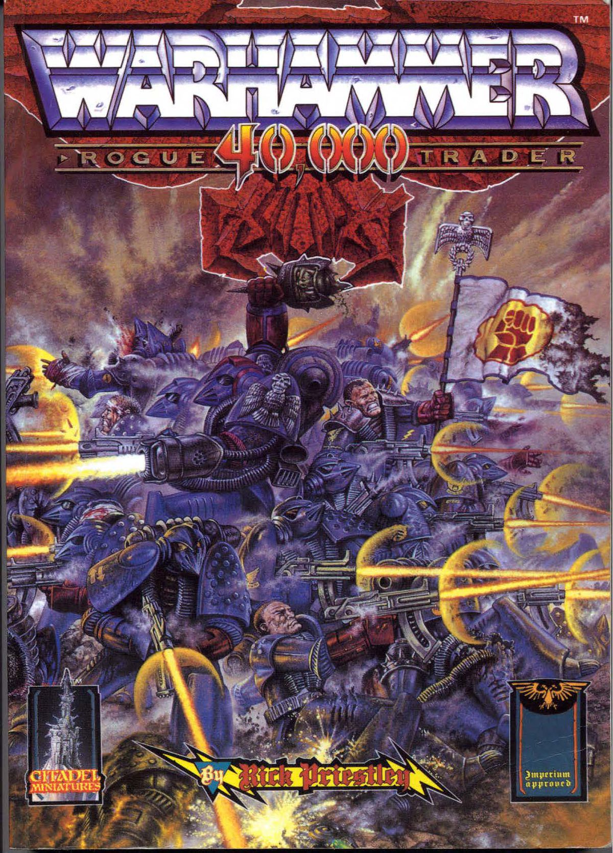 Cover for the original Warhammer 40,000 rulebook, released in 1987. Its formal title is Rogue Trader: Warhammer 40,000.