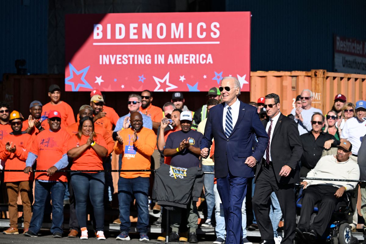 President Joe Biden arrives to speak about his Bidenomics agenda at Tioga Marine Terminal in Philadelphia, Pennsylvania.