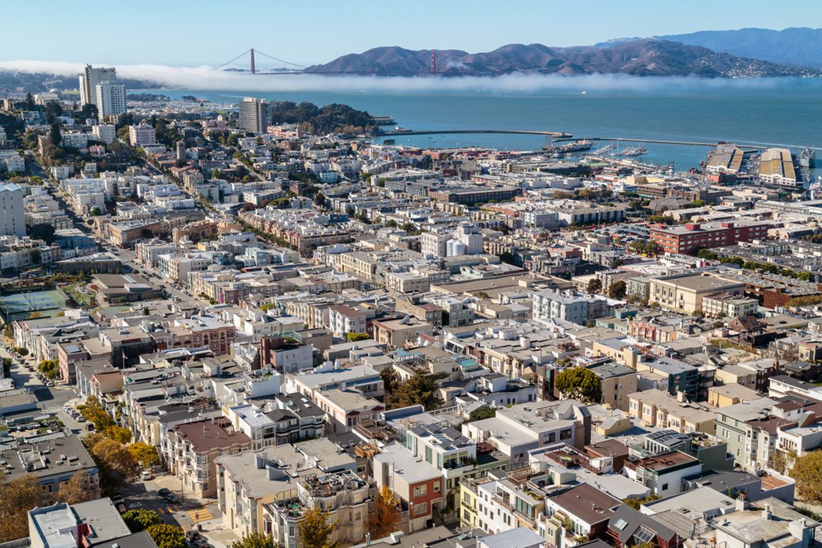 Aerial view of rooftops in northeaster San Francisco.