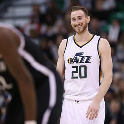 Utah Jazz forward Gordon Hayward (20) laughs as he and teammate Utah Jazz forward Joe Ingles (2) talk during a free throw as the Jazz and the Nets play at Vivint Smart Home arena in Salt Lake City  on Friday, March 3, 2017.