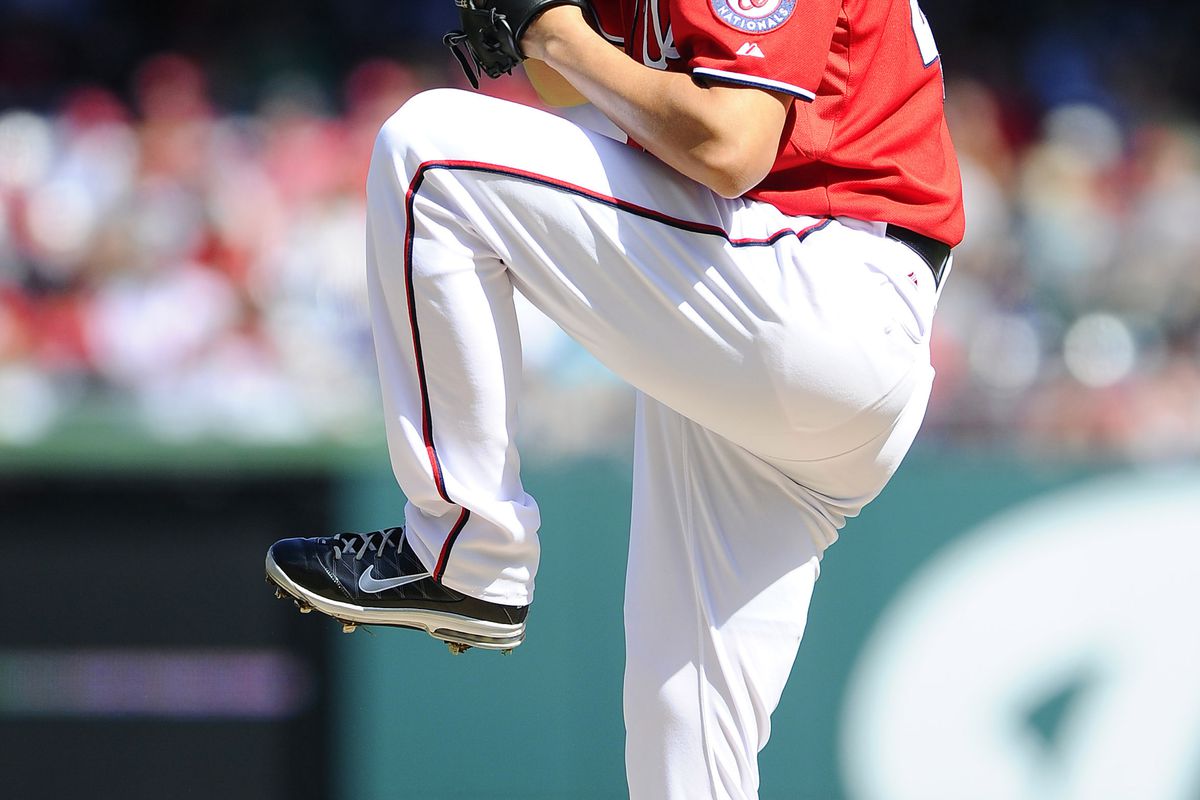 Sep 23, 2012; Washington, DC, USA; Washington Nationals pitcher Chien-Ming Wang (40) throws in the first inning against the Los Angeles Dodgers at Nationals Park. Mandatory Credit: Brad Mills-US PRESSWIRE