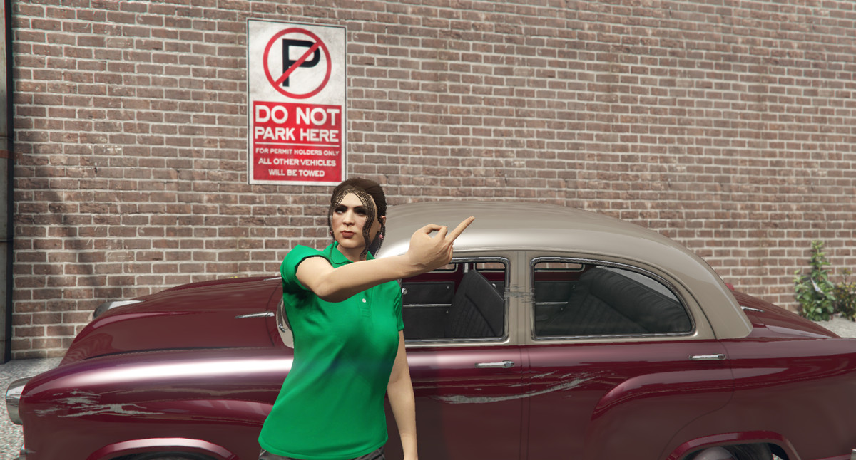GTA Online roleplay - a woman in a green polo stands next to a red car in a no parking zone, flipping off the camera.