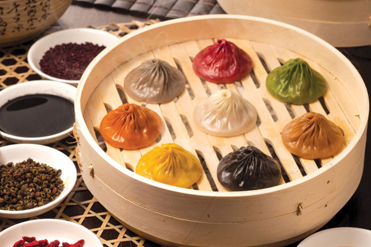Paradise Dynasty’s multi-colored soup dumplings in a tray in Orange County, California.