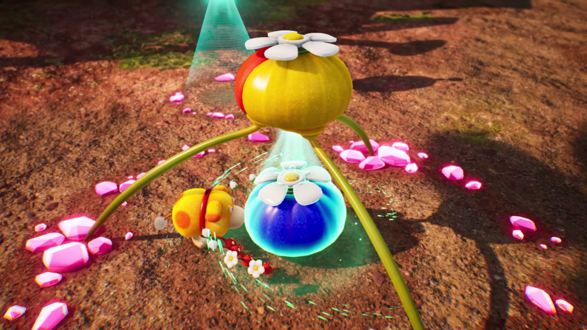 Oatchi and some Red Pikmin bring Blue Onion to a Red and Yellow Onion in Pikmin 4