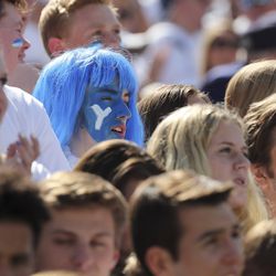 Brigham Young Cougars fans watch the loss in Provo on Saturday, Sept. 21, 2019.