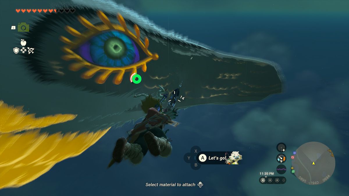 Link aims with his bow while skydiving to hit the Light Dragon’s lower jaw in Zelda: Tears of the Kingdom