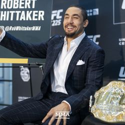 Robert Whittaker has a laugh at UFC 225 media day.