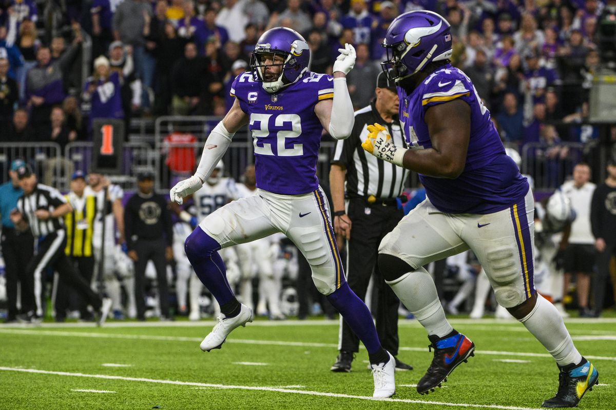 Harrison Smith #22 of the Minnesota Vikings reacts after a turnover in the fourth quarter of the game against the Indianapolis Colts at U.S. Bank Stadium on December 17, 2022 in Minneapolis, Minnesota.