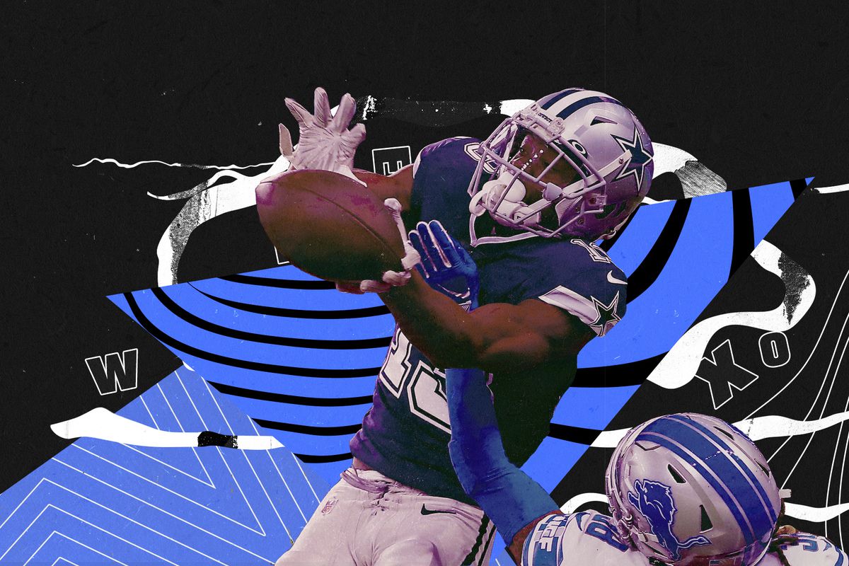 Cowboys WR Michael Gallup makes a catch over a Lions defender, superimposed on a blue, black, and white background with spiral graphics and X’s and O’s