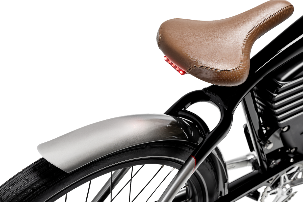 Leather bike seat and powder-coated aluminum bike frame. 