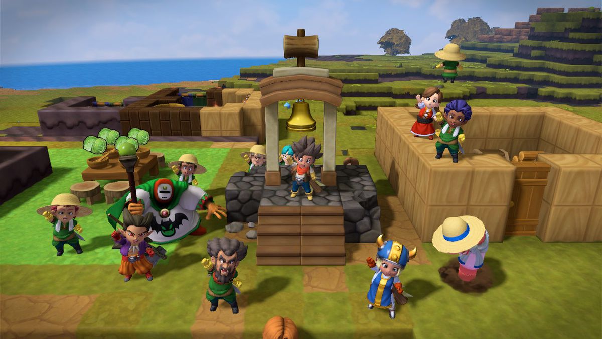 A handful of happy farmers celebrate in front of a large bell in Dragon Quest Builders 2