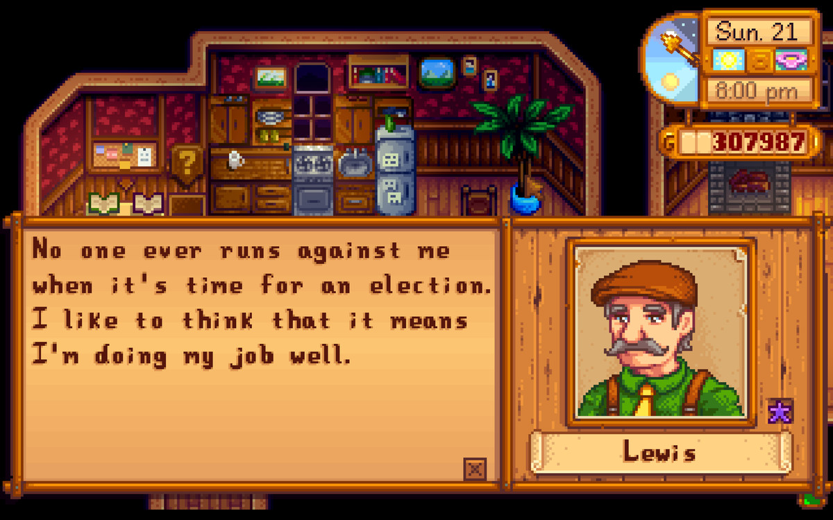 A screenshot of Stardew Valley Mayor Lewis talking about running unchallenged for years.