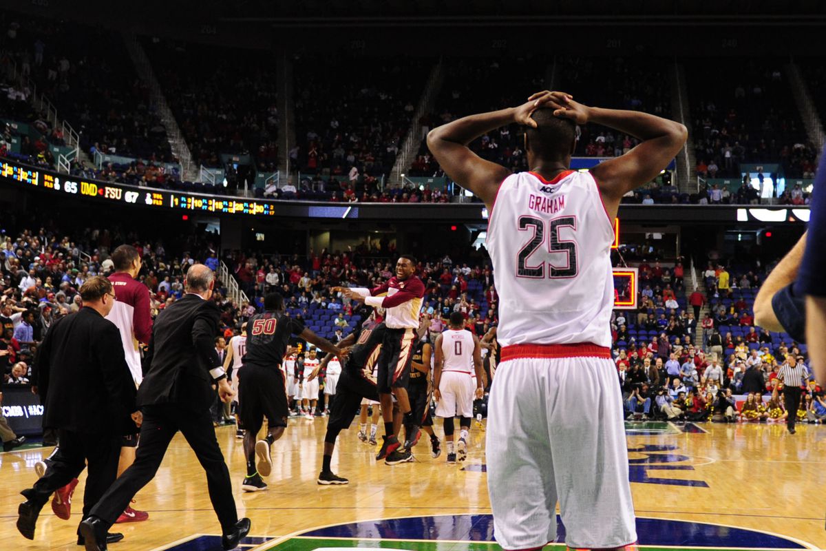 Mar 13, 2014; Greensboro, NC, USA; Maryland Terrapins forward Jonathan Graham (25) reacts after the game. The Seminoles defeated the Terrapins 67-65 in the second round of the ACC college basketball tournament at Greensboro Coliseum. 