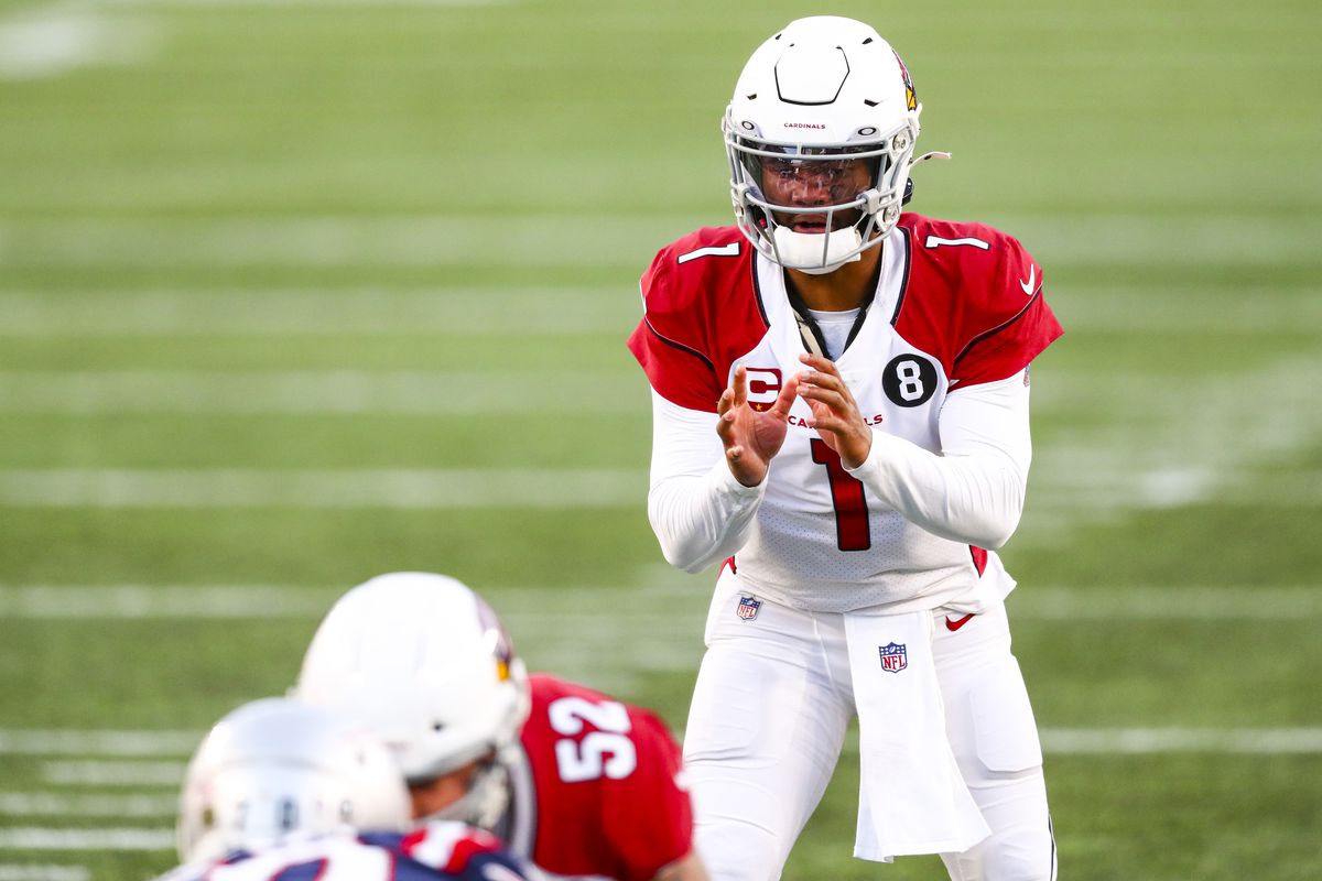 Kyler Murray #1 of the Arizona Cardinals calls out a play during a game against the New England Patriots at Gillette Stadium on November 29, 2020 in Foxborough, Massachusetts.