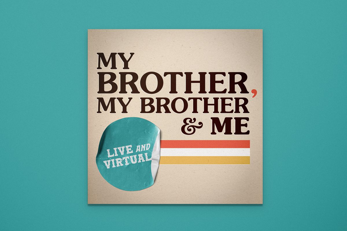 The MBMBaM logo reads “My Brother My Brother &amp; Me” in brown text on a square, light brown background. Below it to the left is an aqua circle with the text “Live and Virtual”. Extending right from the circle are stripes in orange, white, and yellow. The overall background is aqua.