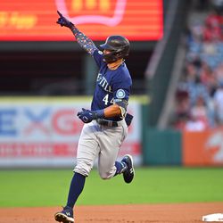 ANAHEIM, CA - SEPTEMBER 16: Julio Rodriguez #44 of the Seattle Mariners rounds the bases after hitting a solo home run in the first inning against the Los Angeles Angels at Angel Stadium of Anaheim on September 16, 2022 in Anaheim, California