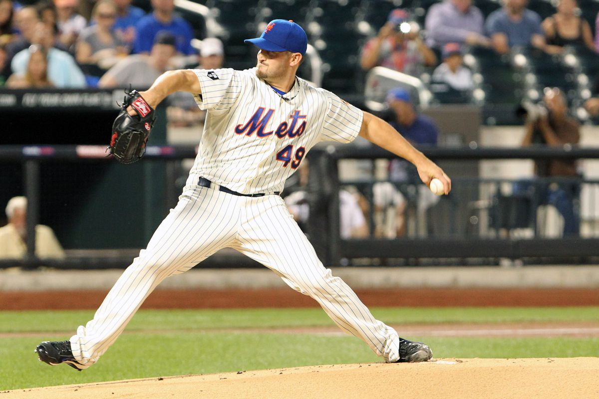 Aug 121, 2012; Flushing, NY,USA;  New York Mets starting pitcher Jonathon Niese (49) pitches during the first inning Atlanta Braves at Citi Field.  Mandatory Credit: Anthony Gruppuso-US PRESSWIRE