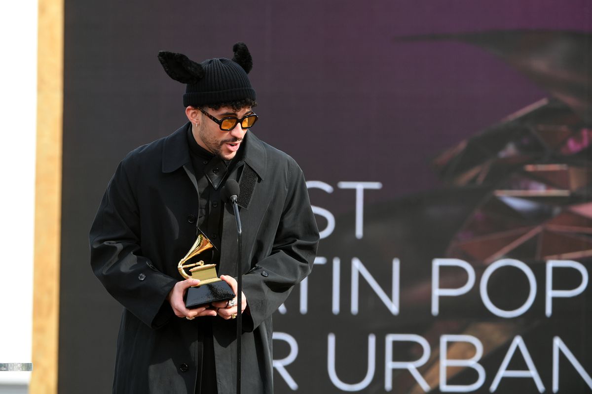 Bad Bunny accepts the Grammy for Best Latin Pop or Urban Album for ‘YHLQMDLG’ onstage during the 63rd Annual GRAMMY Awards at Los Angeles Convention Center on March 14, 2021 in Los Angeles, California.