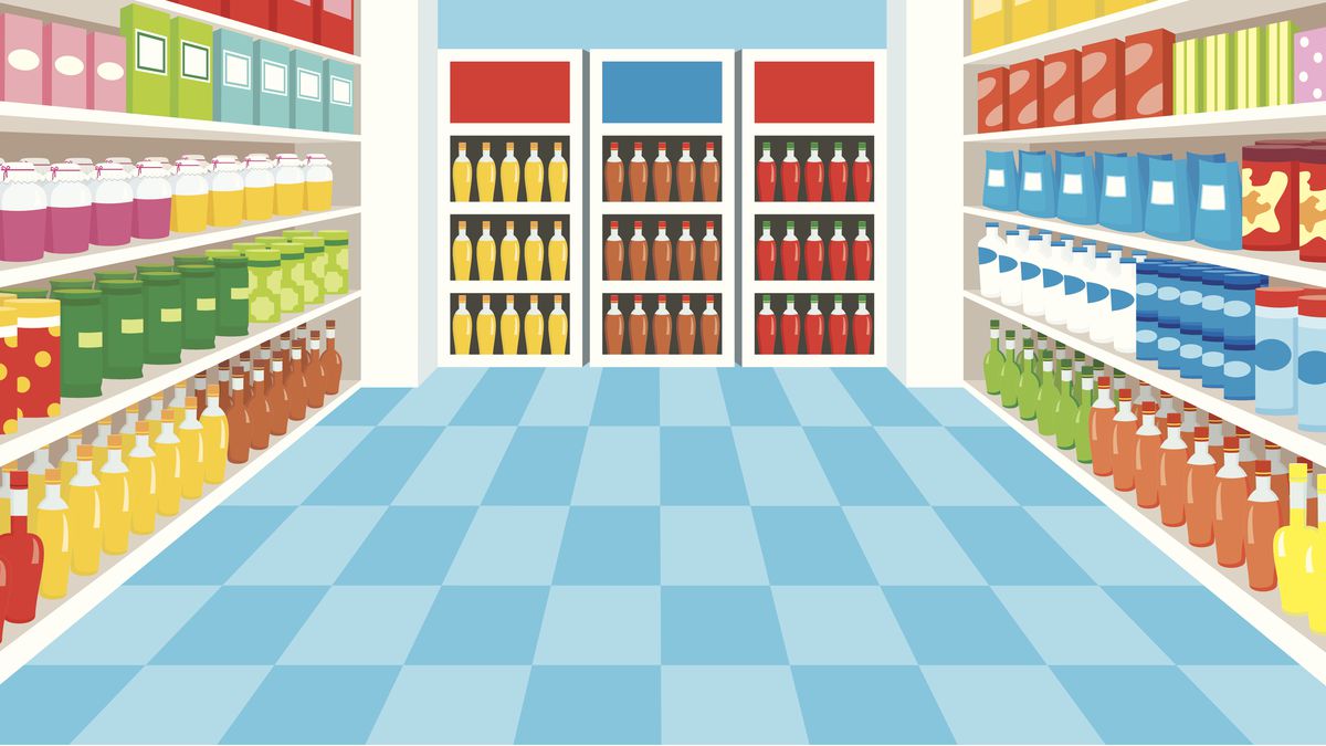 Illustration of a beverage aisle in a store.