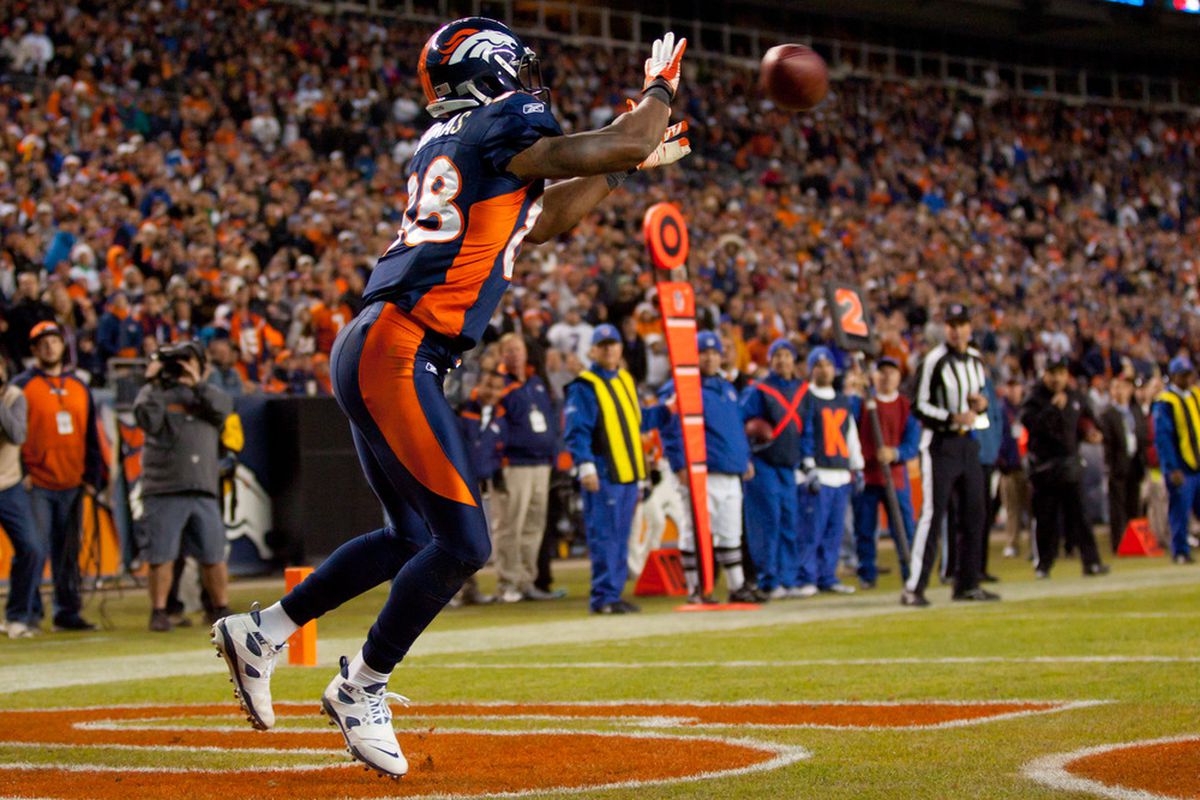 Wide receiver Demaryius Thomas of the Broncos catches a touchdown pass in the 4th quarter against the Chicago Bears on December 11, 2011 in Denver, Colorado. The Broncos defeated the Bears 13-10 in overtime. (Photo by Justin Edmonds/Getty Images)