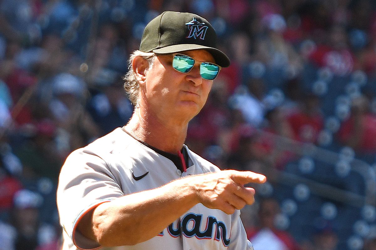 Manager Don Mattingly #8 of the Miami Marlins argues a call during a baseball game against at the Washington Nationals at Nationals Park on July 3, 2022 in Washington, DC.
