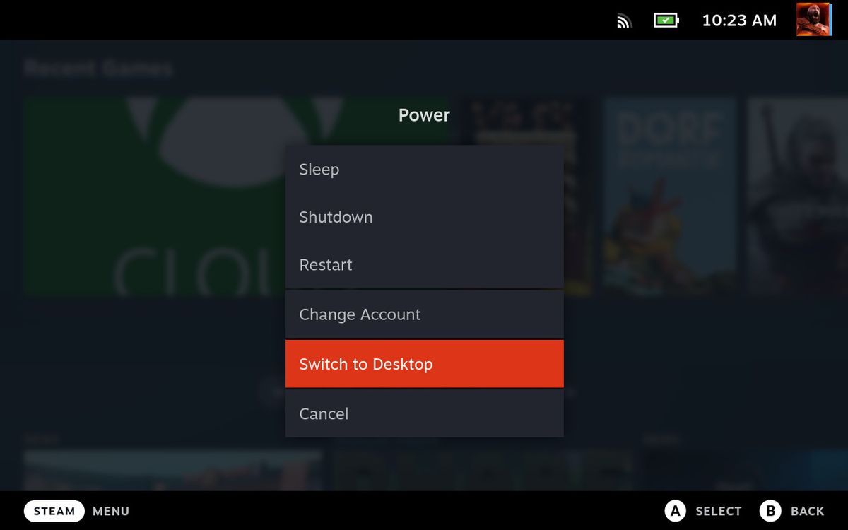 The Steam Deck’s Power menu with Switch To Desktop highlighted