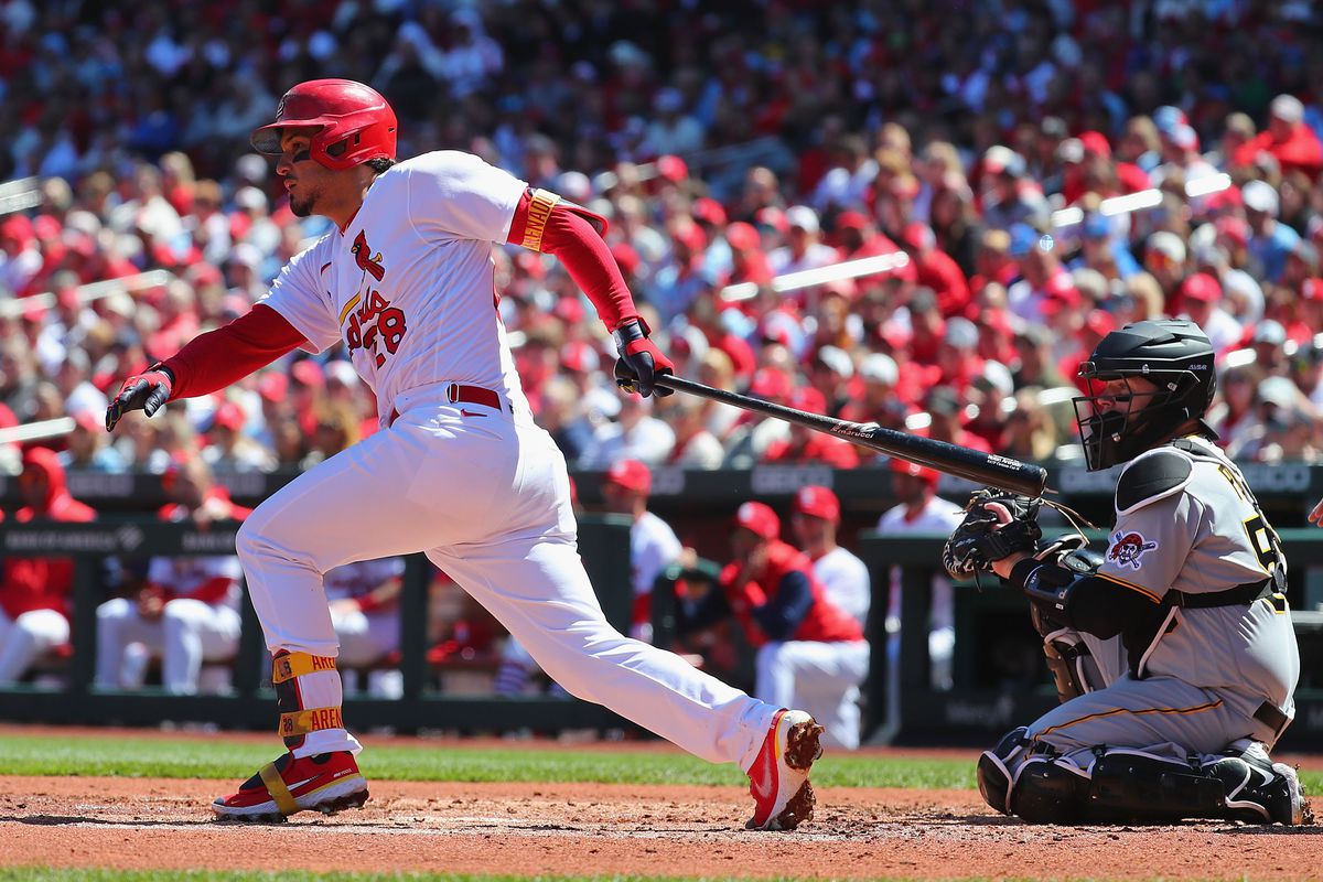 Nolan Arenado #28 of the St. Louis Cardinals bats in a run with a double against the Pittsburgh Pirates in the first inning at Busch Stadium on April 9, 2022 in St Louis, Missouri.