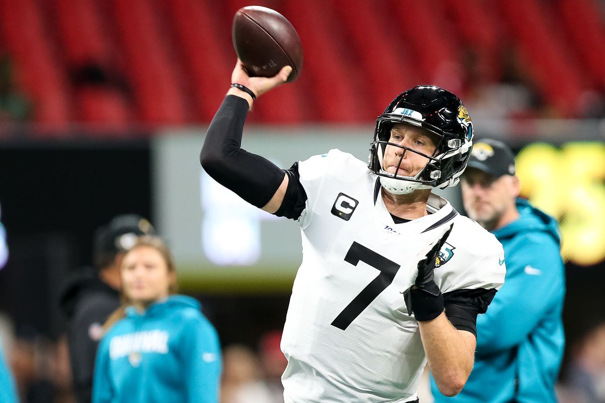 Nick Foles #7 of the Jacksonville Jaguars looks to pass prior to a game against the Atlanta Falcons at Mercedes-Benz Stadium on December 22, 2019 in Atlanta, Georgia.