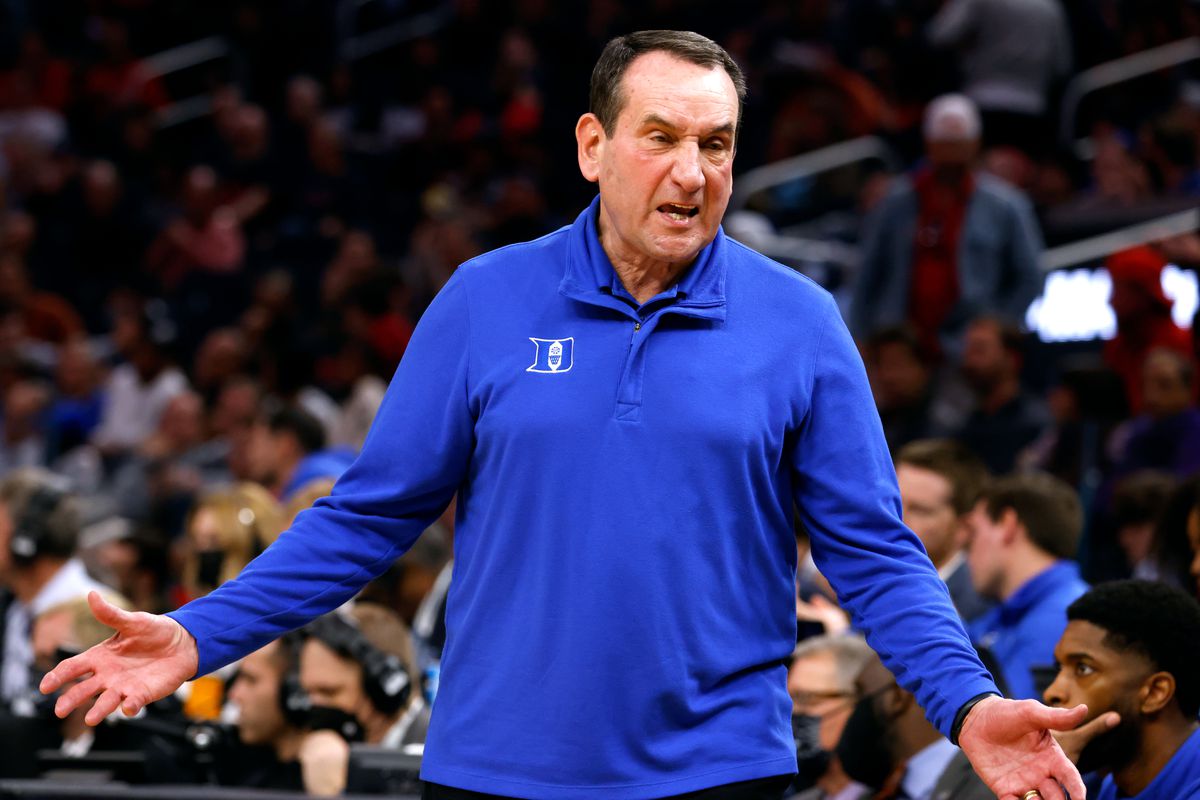 Head coach Mike Krzyzewski of the Duke Blue Devils works an official following a call in the first half of their game against the Texas Tech Red Raiders during the Sweet Sixteen round of the 2022 NCAA Men’s Basketball Tournament at Chase Center on March 24, 2022 in San Francisco, California.