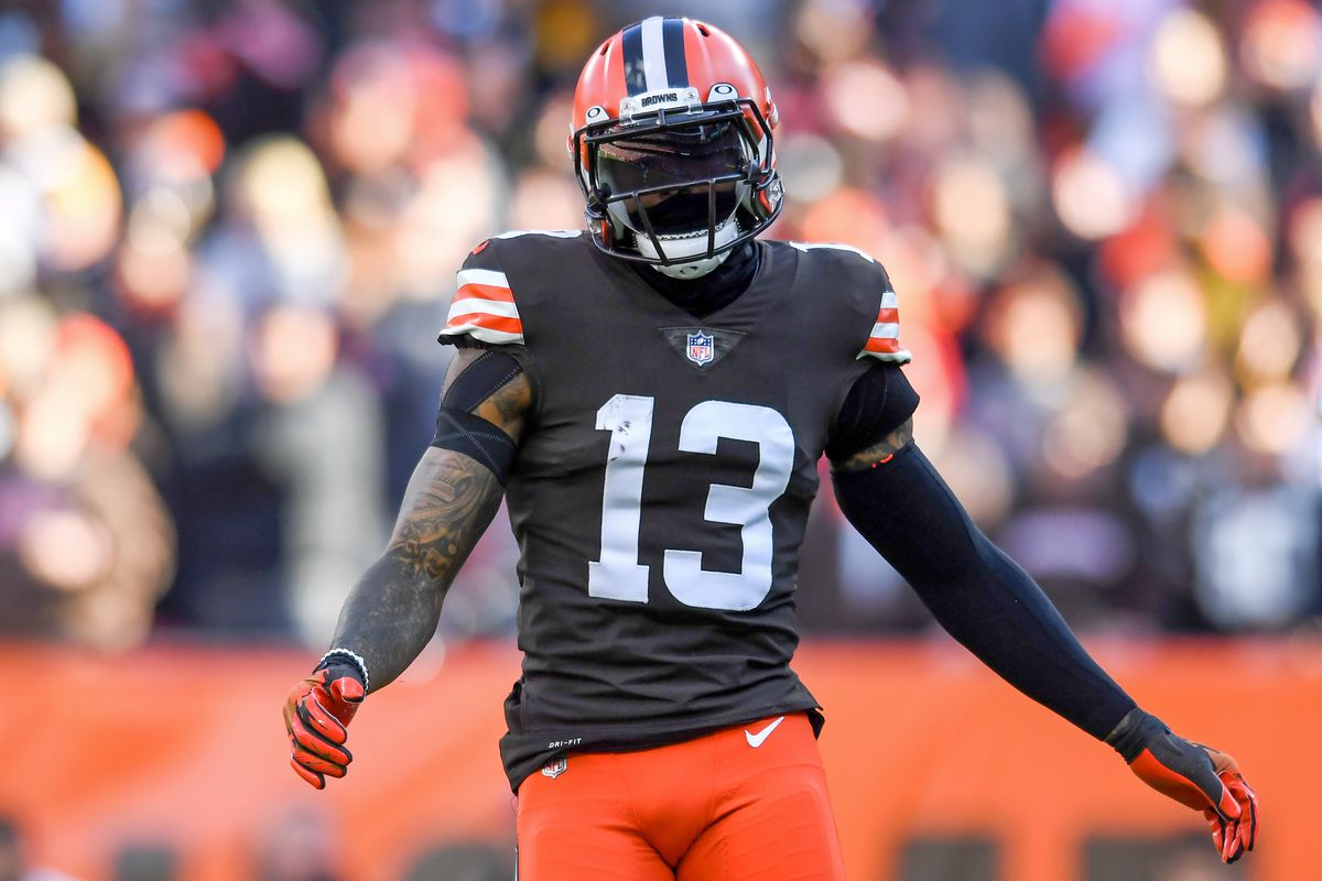 Odell Beckham Jr. #13 of the Cleveland Browns reacts during the second half against the Pittsburgh Steelers at FirstEnergy Stadium on October 31, 2021 in Cleveland, Ohio.