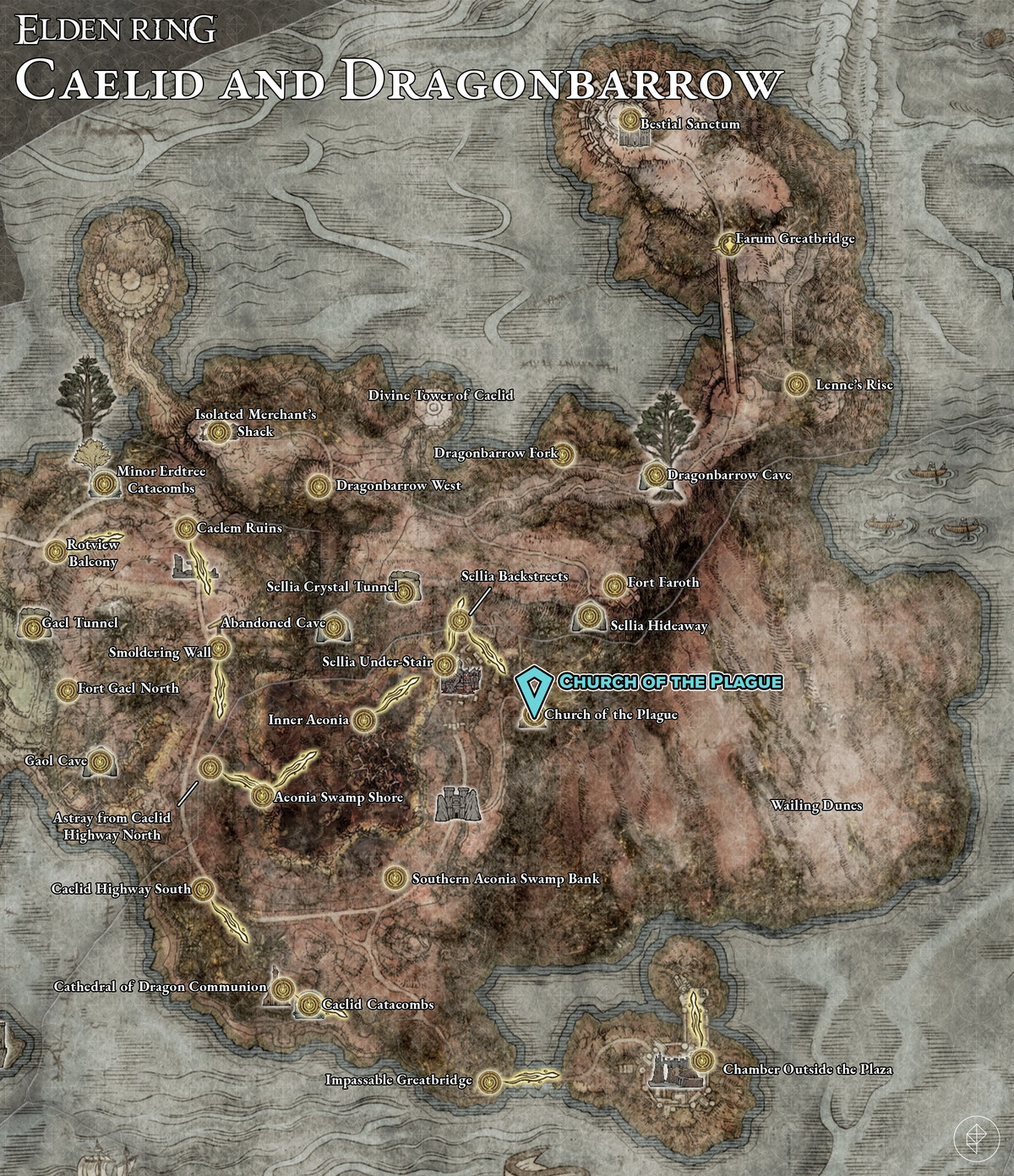 Map showing Caelid and Dragonbarrow Sacred Tear locations.