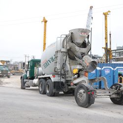 Concrete truck entering the work site