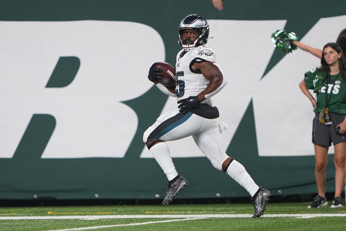 Philadelphia Eagles Running Back Boston Scott (35) runs with the ball for a touchdown during the first half of the National Football League Pre-Season game between the Philadelphia Eagles and the New York Jets on August 27, 2021 at MetLife Stadium in East Rutherford, NJ.