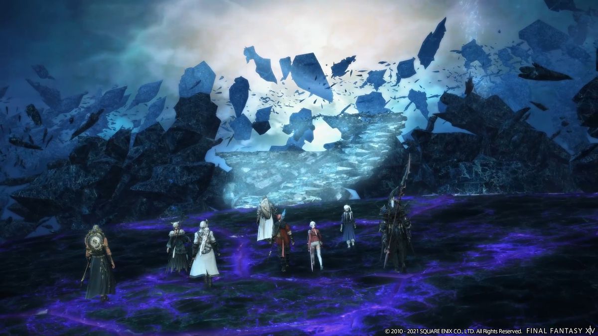 A cast of characters in Final Fantasy 14: Endwalker stands side by side and gazes out across a blueish, ethereal abyss